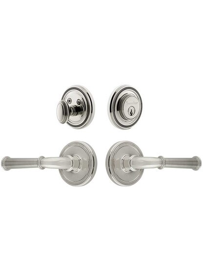 Grandeur Soleil Entry Door Set, Keyed Alike with Georgetown Levers Left Handed in Polished Nickel.